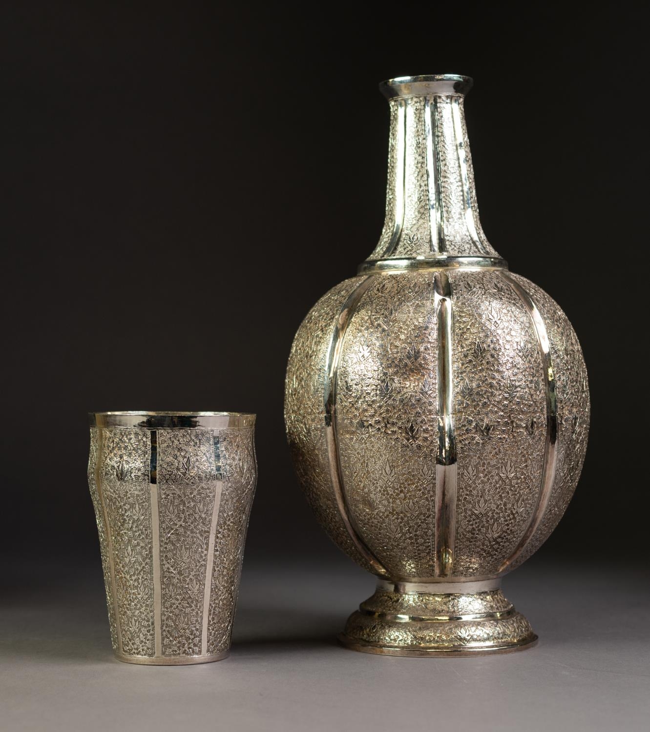 PERSIAN SILVER COLOURED METAL CARAFE AND TUMBLER to fit onto the top, the body ovular fluted and - Image 3 of 3