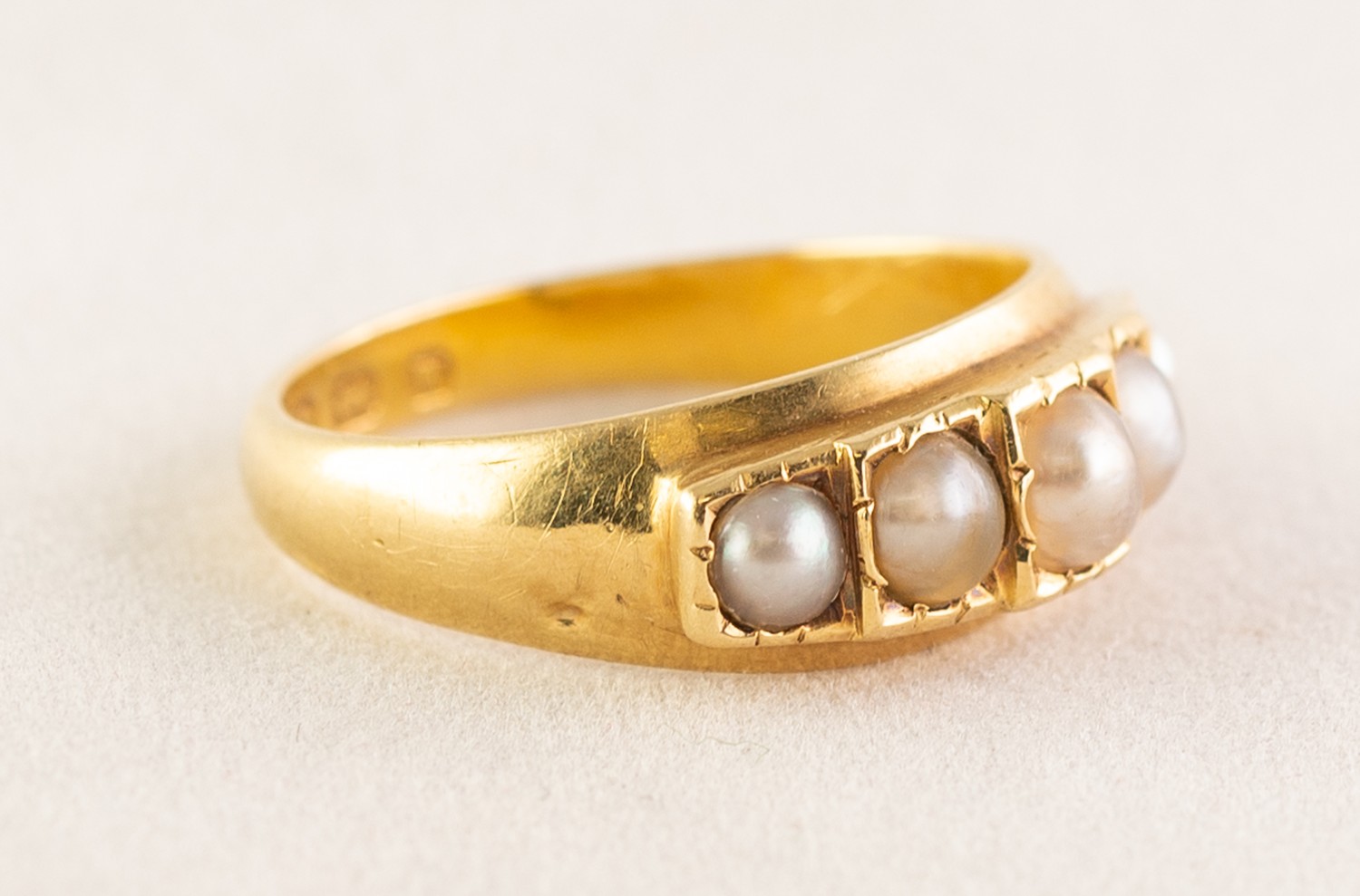 18ct GOLD RING, set with five half pearls, Birmingham 1871, 3.3gms, ring size L/M - Image 2 of 3