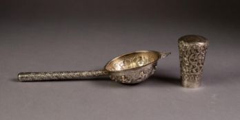 FAR EASTERN SILVER COLOURED METAL TEA STRAINER, the bowl repousse with figures, the straight