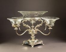 IMPRESSIVE ELECTROPLATED TABLE CENTRE FRUIT EPERGNE, the ornate column issuing four removable,