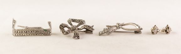 SILVER AND MARCASITE GONDOLA BROOCH; 2 MARCASITE BOW BROOCHES and a pair of SILVER LION'S HEAD