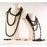 FOUR JET FACETED BEAD NECKLACES, a similar BRACELET and a pair of pendant EARRINGS; a pair of JET
