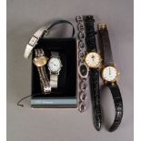 LADY'S ROTARY QUARTZ WHITE METAL BRACELET WATCH with narrow oblong dial, stone set crown; 3 other