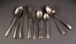 PAIR OF GEORGE III SILVER OLD ENGLISH PATTERN TABLE SPOONS, London 1782; a set of THREE EARLY 20th