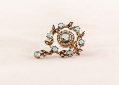 9ct GOLD EDWARDIAN STYLE CIRCULAR OPENWORK BROOCH/PENDANT set with possibly aquamarine and seed