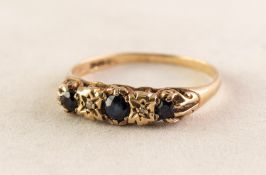 9ct GOLD RING set with three small sapphires and two tiny diamonds, 2.2 gms, ring size R/S