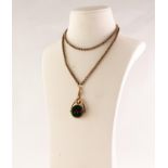 ROLLED GOLD BLOODSTONE SET SWIVELLING WATCH FOB with 9ct GOLD CLIP and giltmetal CHAIN as a necklace