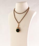 ROLLED GOLD BLOODSTONE SET SWIVELLING WATCH FOB with 9ct GOLD CLIP and giltmetal CHAIN as a necklace