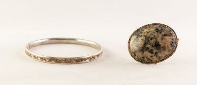 ENGRAVED SILVER HOLLOW BANGLE, Chester 1938, 0.5cm wide and a cabochon hardstone BROOCH, 1 1/2in