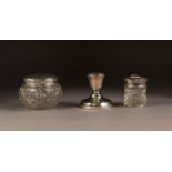 CUT GLASS POWDER BOWL WITH FOLIATE SCROLL CHASED PULL-OFF COVER, marks rubbed, together with a