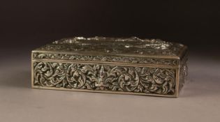 EASTERN SILVER PLATED TABLE CIGARETTE BOX, repousse with figures and foliate scrolls, 7in (17.7cm)