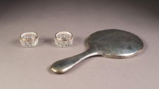 PLAIN SILVER CLAD DRESSING TABLE HAND MIRROR, with circular, bevel edged plate, Birmingham 1909,