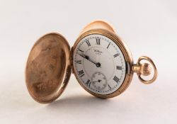 WALTHAM 'RIVERSIDE' 9ct GOLD HUNTING CASED POCKET WATCH with 19 jewelled keyless movement No