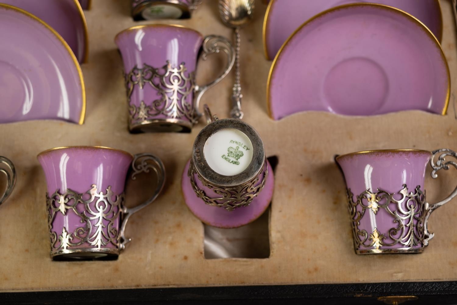 EARLY 20th CENTURY CASED SET OF SIX AYNSLEY PORCELAIN COFFEE CUPS AND SAUCERS, the cups removable - Image 3 of 4