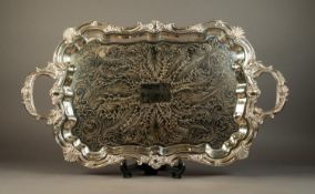 ENGRAVED ELECTROPLATED TWO HANDLED TEA TRAY, of rounded oblong form with leaf and scroll engraved