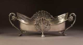 WMF. GERMAN TWO HANDLED ELECTROPLATED BOAT SHAPED FLOWER BOWL STAND WITH CUT GLASS LINER, the