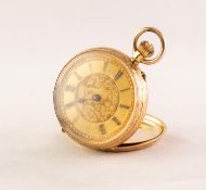 EARLY 20th CENTURY SWISS 18K GOLD CASED LADY'S KEYLESS OPEN FACE FOB WATCH, with engraved case,