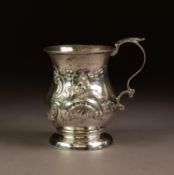 LATE VICTORIAN EMBOSSED SILVER CHRISTENING MUG BY JOHN & WILLIAM DEAKIN, of baluster form with