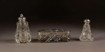 THREE PIECES OF CUT GLASS WITH SILVER COVERS, comprising: OBLONG PIN BOX, with embossed cover, and