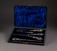 EDWARDIAN CASED FILLED SILVER HANDLED AND STEEL SUITE OF SHOE HORN, GLOVE STRETCHERS AND TWO