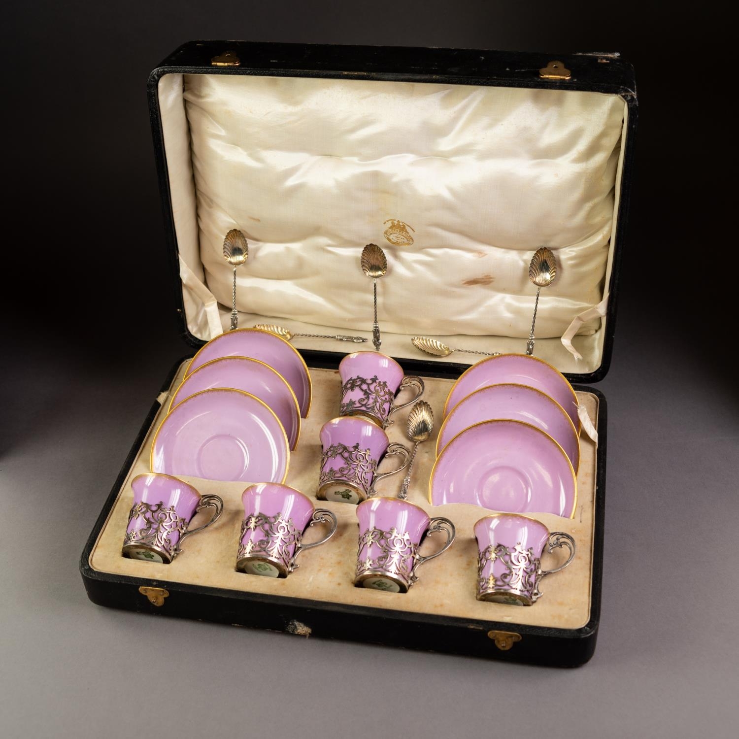 EARLY 20th CENTURY CASED SET OF SIX AYNSLEY PORCELAIN COFFEE CUPS AND SAUCERS, the cups removable