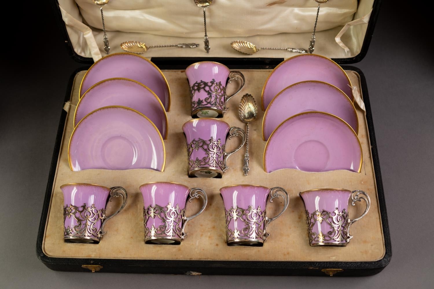 EARLY 20th CENTURY CASED SET OF SIX AYNSLEY PORCELAIN COFFEE CUPS AND SAUCERS, the cups removable - Image 2 of 4
