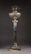 LATE VICTORIAN/EDWARDIAN ELECTROPLATED CORINTHIAN COLUMN OIL LAMP with cut glass reservoir and