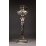 LATE VICTORIAN/EDWARDIAN ELECTROPLATED CORINTHIAN COLUMN OIL LAMP with cut glass reservoir and