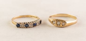 9ct GOLD RING, claw set with a row of four small sapphires and three tiny diamonds in deceptive