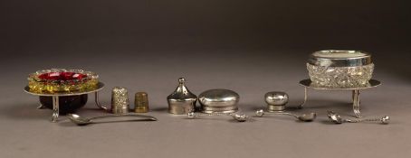 MIXED LOT OF SMALL SILVER, comprising: TWO PULL-OFF COVERS, CUT GLASS OPEN SALT WITH SILVER RIM,