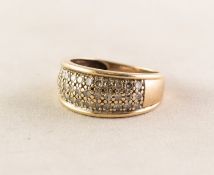 9ct GOLD RING, the broad top pave set with thirty three tiny diamonds in three rows, 3 gms, ring