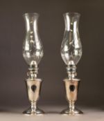 PAIR OF GORHAM ELECTROPLATED OIL HURRICANE LAMPS WITH CUT GLASS SHADES, each of slender campana