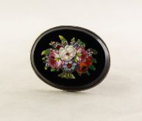 FRAMED OVAL BLACK MARBLE BROOCH with good micro-mosaic floral bouquet inlay, 1 1/2in (4cm) wide
