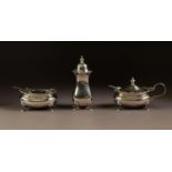 EARLY TWENTIETH CENTURY THREE PIECE CONDIMENT SET BY WALKER & HALL, of rounded oblong form with