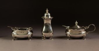 EARLY TWENTIETH CENTURY THREE PIECE CONDIMENT SET BY WALKER & HALL, of rounded oblong form with