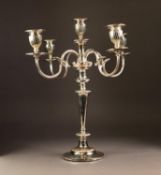 ELECTROPLATED FIVE LIGHT, FOUR BRANCH CANDELABRUM, the removable top section with reeded twin C