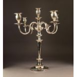 ELECTROPLATED FIVE LIGHT, FOUR BRANCH CANDELABRUM, the removable top section with reeded twin C