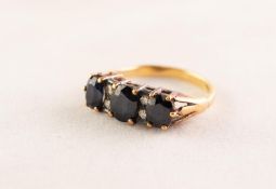 18ct GOLD RING set with three dark sapphires divided with four tiny diamonds, 4.1 gms