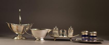 MIXED LOT OF ELECTROPLATE, comprising: ART DECO SAUCE BOAT AND STAND, SWING HANDLED SUGAR BASKET,