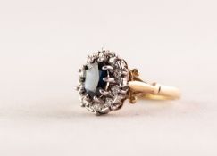 18ct GOLD, SAPPHIRE AND DIAMOND OVAL CLUSTER RING, claw set with a raised centre oval sapphire and