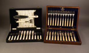 SET OF SIX PAIRS OF ELECTROPLATE FISH EATERS and A PAIR OF FISH SERVERS, in black morocco case and