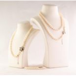 TWO CULTURED PEARL NECKLACES and a cultured pearl BRACELET with silver clasps (3)
