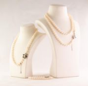 TWO CULTURED PEARL NECKLACES and a cultured pearl BRACELET with silver clasps (3)