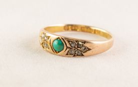 VICTORIAN 15ct GOLD RING, gypsy set with a centre turquoise flanked by two floral settings, each
