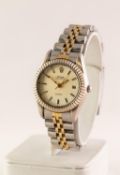 LADY'S ROLEX OYSTER PERPETUAL DATEJUST QUARTZ STAINLESS STEEL PARCEL GILT BRACELET WRISTWATCH