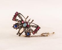 GOLD COLOURED METAL OPAL, SAPPHIRE, RUBY AND DIAMOND-CHIP SET BUTTERFLY BROOCH, with safety chain,