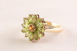 9ct GOLD CITRINE AND OLIVINE FLORAL CLUSTER RING, set with small circular centre citrine and