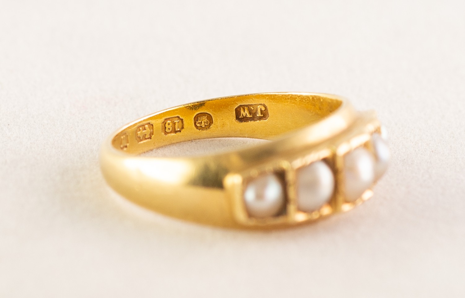 18ct GOLD RING, set with five half pearls, Birmingham 1871, 3.3gms, ring size L/M - Image 3 of 3