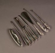 FIVE PIECE SILVER CLAD NAIL MANICURE SET, including buffer, together with TWO BUTTON HOOKS WITH