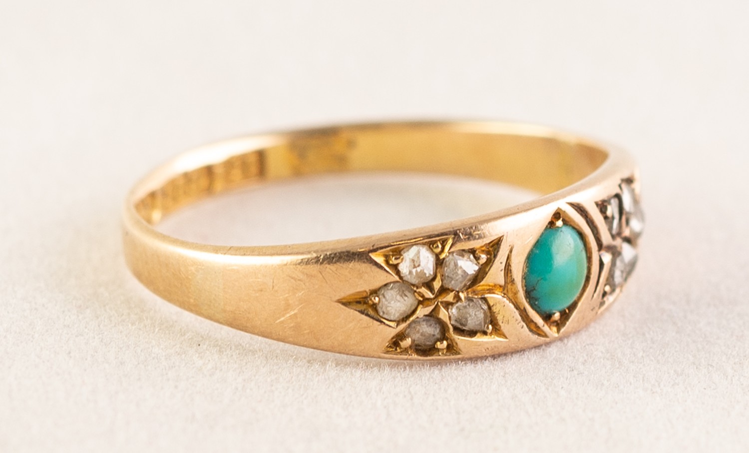 VICTORIAN 15ct GOLD RING, gypsy set with a centre turquoise flanked by two floral settings, each - Image 2 of 3